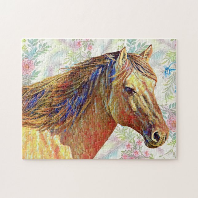 Golden Horse on Floral Pattern Puzzle (Horizontal)