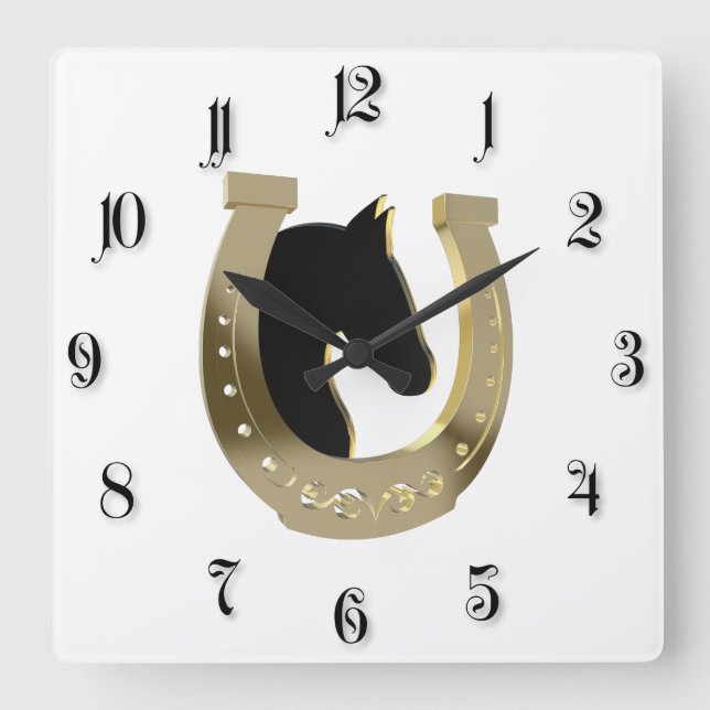 Golden horseshoe square wall clock (Front)