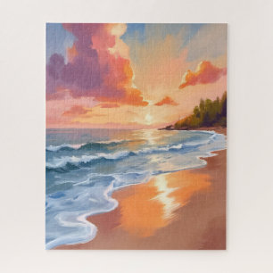 Golden Hour Beach Sunset Watercolor Painting Sea Jigsaw Puzzle