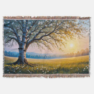 Golden Hour Birch Tree Meadow Throw Blanket