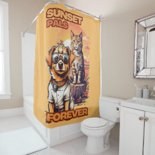 Golden Hour Cartoon Pets Design Shower Curtain