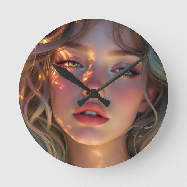 Golden Hour Dream – Radiant Angelic Portrait Round Clock (Front)