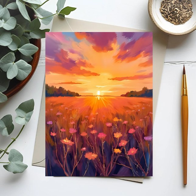 Golden Hour Flower Field Watercolor Sunset Card (Creator Uploaded)