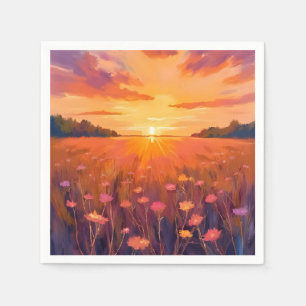 Golden Hour Flower Field Watercolor Sunset Napkin