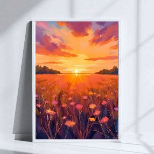 Golden Hour Flower Field Watercolor Sunset Poster