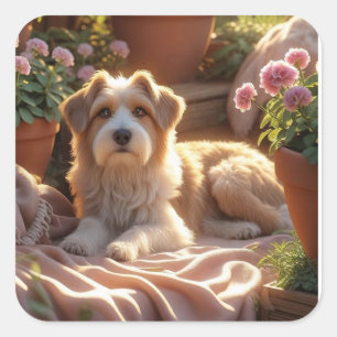 Golden Hour Garden Dog – Cosy Pet Memory Scene wit Square Sticker