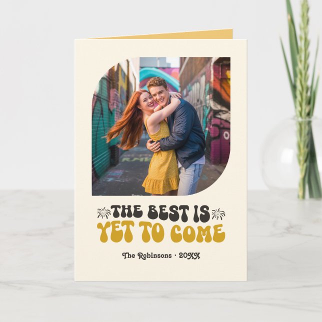 Golden Hour Glow Champagne Retro New Year Photo Holiday Card (Front)