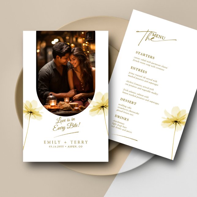 Golden Hour Grace Floral Wedding Photo Menu Card (Creator Uploaded)