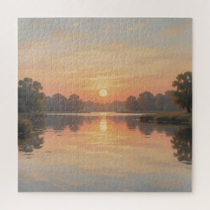Golden Hour Lake Reflection Impressionist  Jigsaw Puzzle