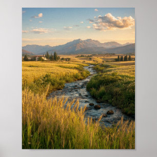 Golden Hour Meadow: Serene Stream and Distant Moun Poster
