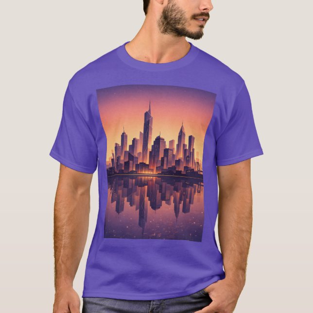 Golden Hour Modern City Skyline – Minimalist Urban T-Shirt (Front)