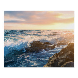 Golden Hour Ocean Waves Crashing on Rocks Sunset Poster
