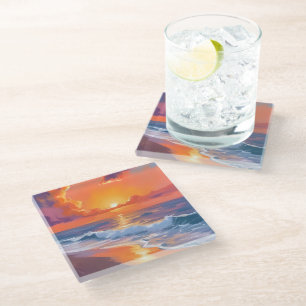 Golden Hour Orange Sunset Beach Ocean Painting Art Glass Coaster