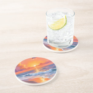 Golden Hour Orange Sunset Beach Ocean Painting Coaster