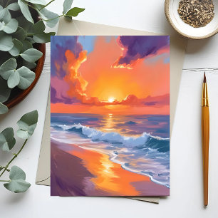 Golden Hour Orange Sunset Beach Ocean Painting Postcard