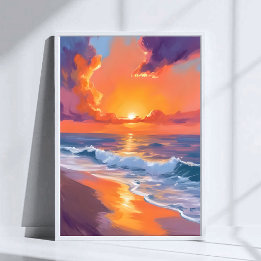 Golden Hour Orange Sunset Beach Ocean Painting Poster