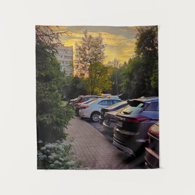 Golden Hour Parking Vista Tapestry – Customisable (Front)
