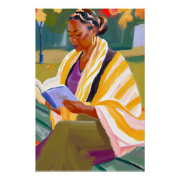 Golden Hour Reads: Black Woman Relaxing Outdoors Poster