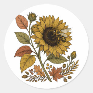 Golden Hour Sunflower and Honeybee Botanical Hoodi Classic Round Sticker