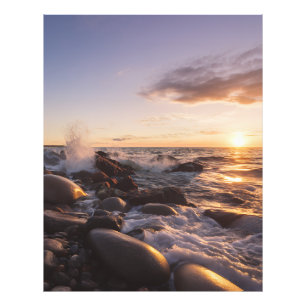 Golden Hour Sunset Waves on Rocky Shore Seascape Photo Print