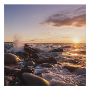 Golden Hour Sunset Waves on Rocky Shore Seascape Poster