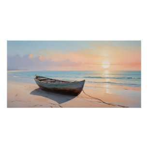 Golden Hour Tranquil Beach with Boat Coastal Poster