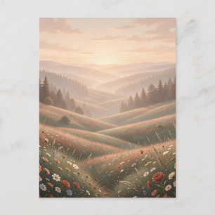 Golden Hour Wildflower Meadow Rolling Hills Sunset Postcard