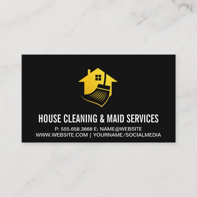 Golden House Broom Logo | Cleaning Services Business Card (Front)