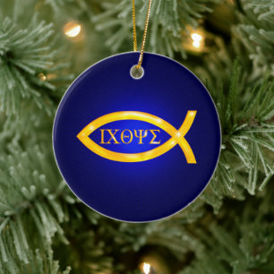 Golden Ichthys   Christian Fish Ceramic Ornament