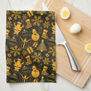 Golden Icons Pattern Christmas Tea Towel