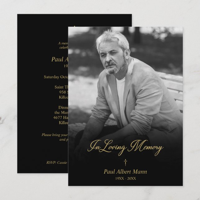 Golden In Loving Memory BW Photo Funeral Service Card (Front/Back)