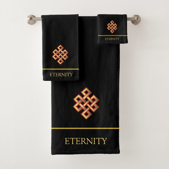 Golden Infinity Knot & Editable Text on Black Bath Towel Set (Insitu)