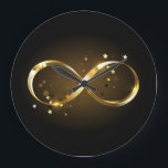 Golden Infinity Symbol Large Clock<br><div class="desc">Gold,  jewellery infinity symbol with gold stars on a black background. Design with gold  star.</div>