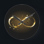 Golden Infinity Symbol Round Clock<br><div class="desc">Gold,  jewellery infinity symbol with gold stars on a black background. Design with gold  star.</div>