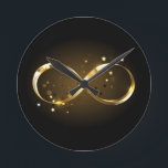 Golden Infinity Symbol Round Clock<br><div class="desc">Gold,  jewellery infinity symbol with gold stars on a black background. Design with gold  star.</div>