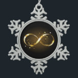 Golden Infinity Symbol Snowflake Pewter Christmas Ornament<br><div class="desc">Gold,  jewellery infinity symbol with gold stars on a black background. Design with gold  star.</div>