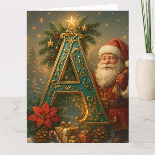 Golden Initial A with Santa Claus and Crown Card (Front)