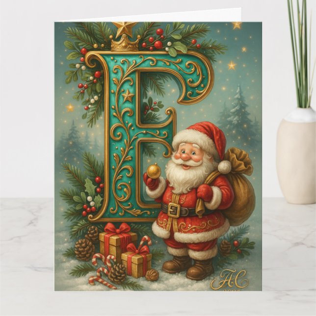 Golden Initial E with Santa Claus and Crown Card (Front)
