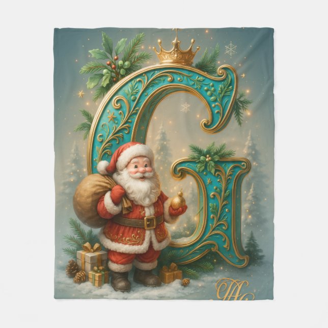 Golden Initial G with Santa Claus and Crown Fleece Blanket (Front)