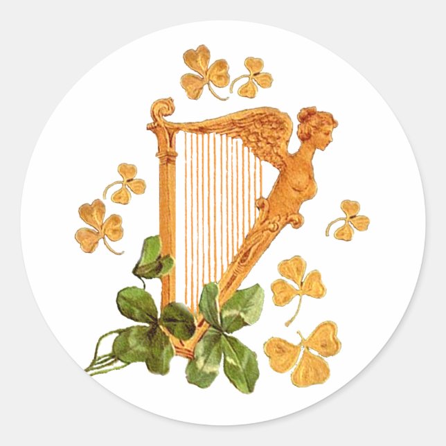 Golden Irish Harp Classic Round Sticker (Front)
