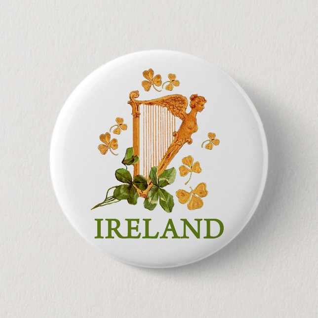 Golden Irish Harp with Golden and Green Shamrocks 6 Cm Round Badge (Front)