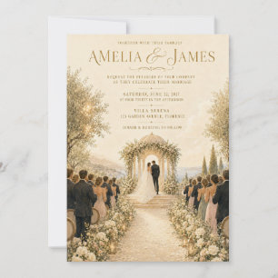 Golden Italian Villa Painting Wedding Invitation
