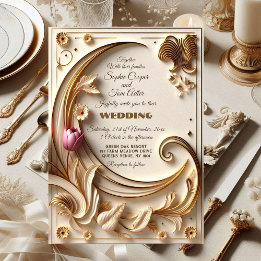 Golden Ivory Baroque Asymmetric Crescent Wedding Invitation