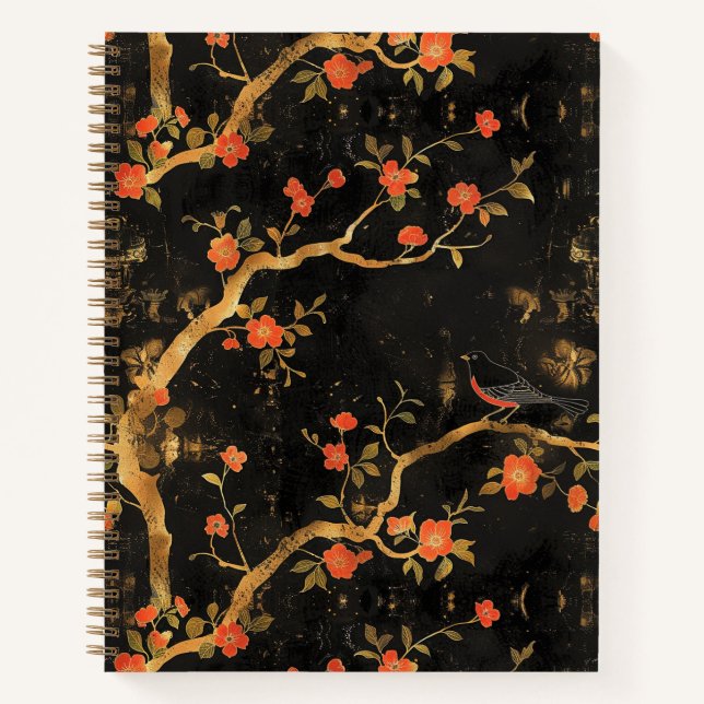 Golden Japanese-inspired Blossom Spiral Notebook (Front)