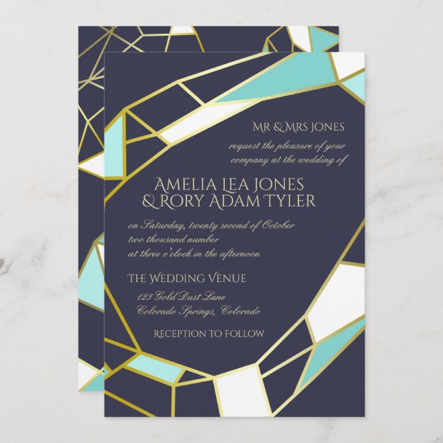 Golden Jewel Outlines | Navy & Turquoise Wedding Invitation (Front/Back)
