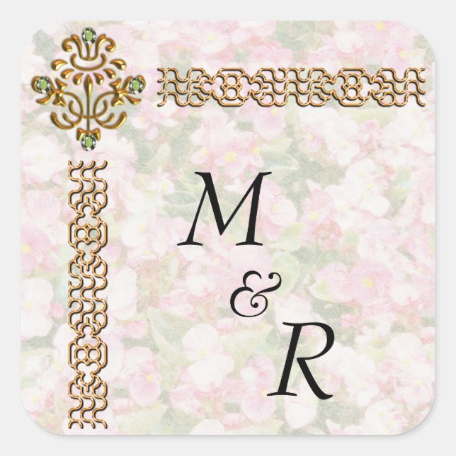 Golden Jewelled Floral Wedding Monogrammed Square Sticker (Front)