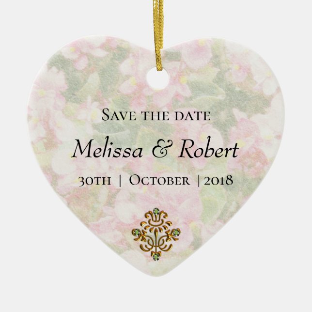 Golden Jewelled Floral Wedding Save the Date Ceramic Ornament (Front)