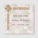 Golden Jewelled Floral Wedding Save the Date Magnet<br><div class="desc">A decorative and elegant save the date magnet, featuring a soft floral pattern in pastel hues in the background, with an ornamental golden frame on the top left side, with a gold and emerald jewel. This pretty wedding memento is part of a larger set of wedding stationery and matching favours,...</div>