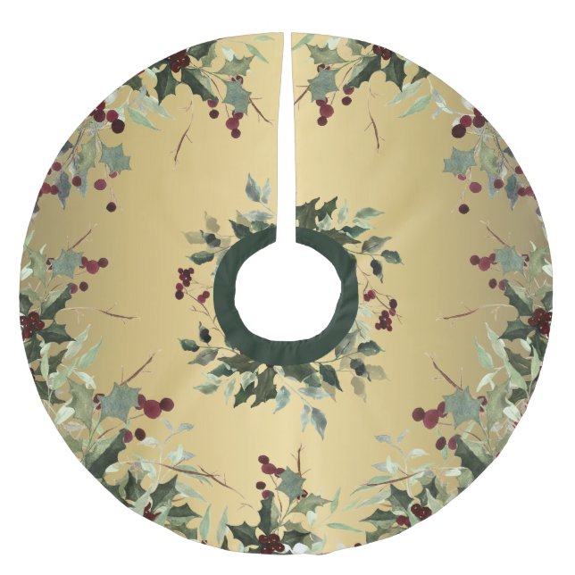 Golden Jolly Holly Holiday Berry Tree Skirt (Front)
