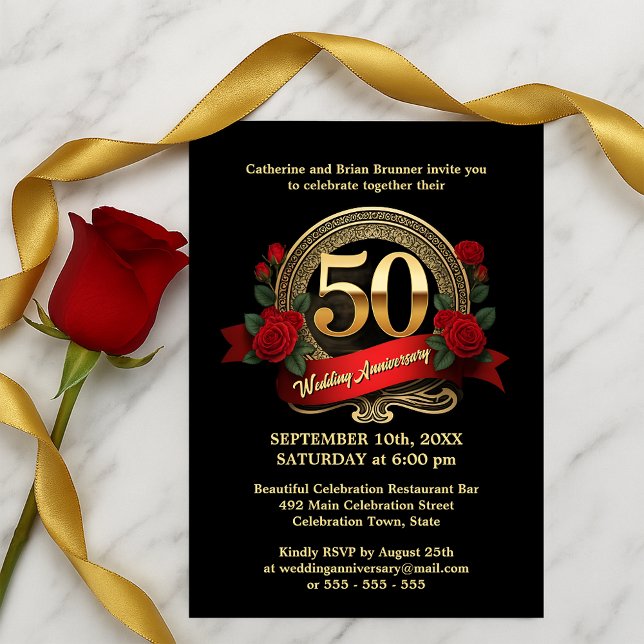 Golden Jubilee Black & Red Roses 50th Anniversary  Invitation (Creator Uploaded)